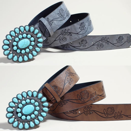 Flow New Rose Pattern Printed Green Pine Beads Alloy Buckle Characteristic Belt Female