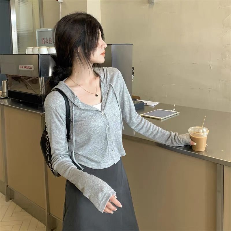 Gray Sun Protection Cardigan Female Summer Small Slim-fit Hood Jacket Long-sleeved