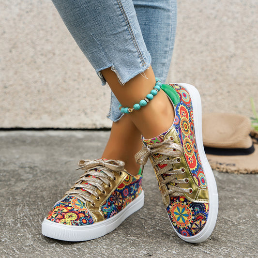 Round Toe Board Shoes Printed Canvas Women's Shoes