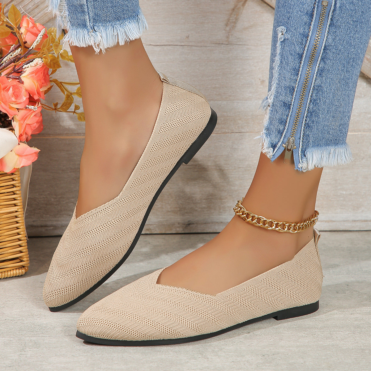 Plus Size Shallow Mouth Flyknit Pumps Popular Pointed-toe Slip-on