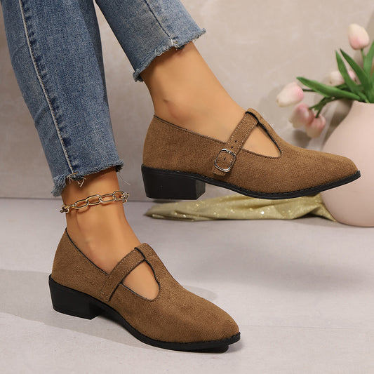 British Style Pointed Toe Shallow Mouth Buckle Shoes Women