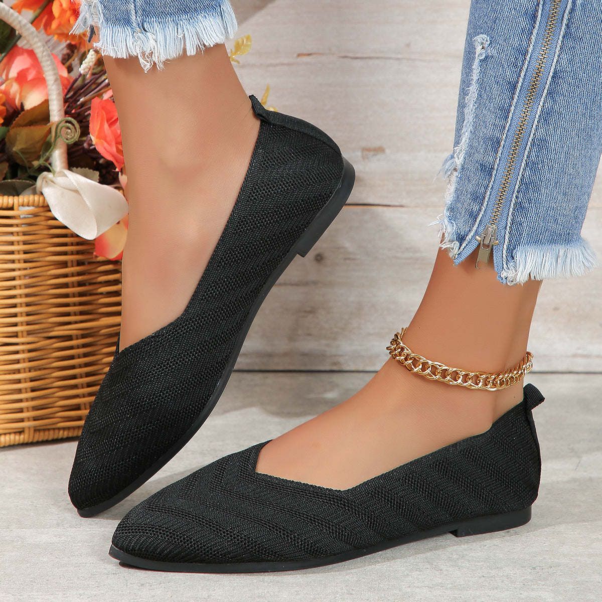 Plus Size Shallow Mouth Flyknit Pumps Popular Pointed-toe Slip-on