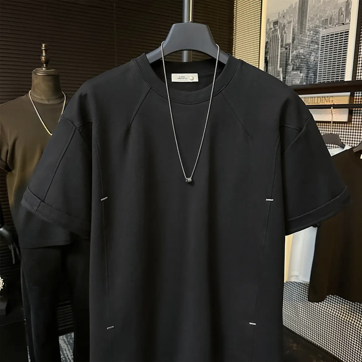 High-end Stitching Rivet Design Round Neck Short Sleeve