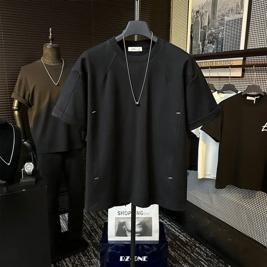 High-end Stitching Rivet Design Round Neck Short Sleeve