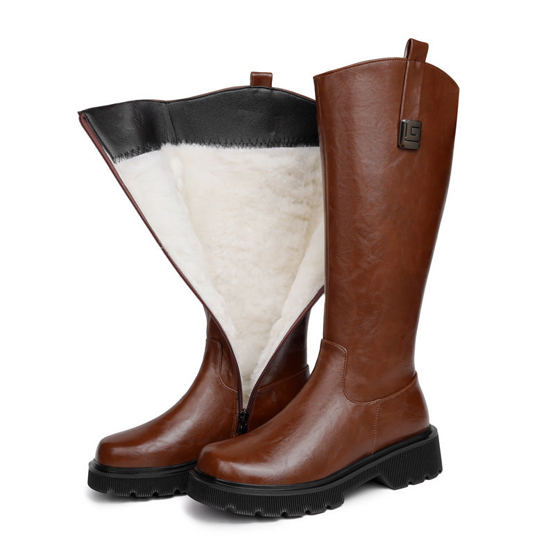 Women's High Tube Long Boots Real Sheepskin Fur Integrated Fleece-lined Thickened