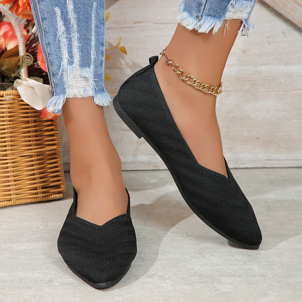 Plus Size Shallow Mouth Flyknit Pumps Popular Pointed-toe Slip-on