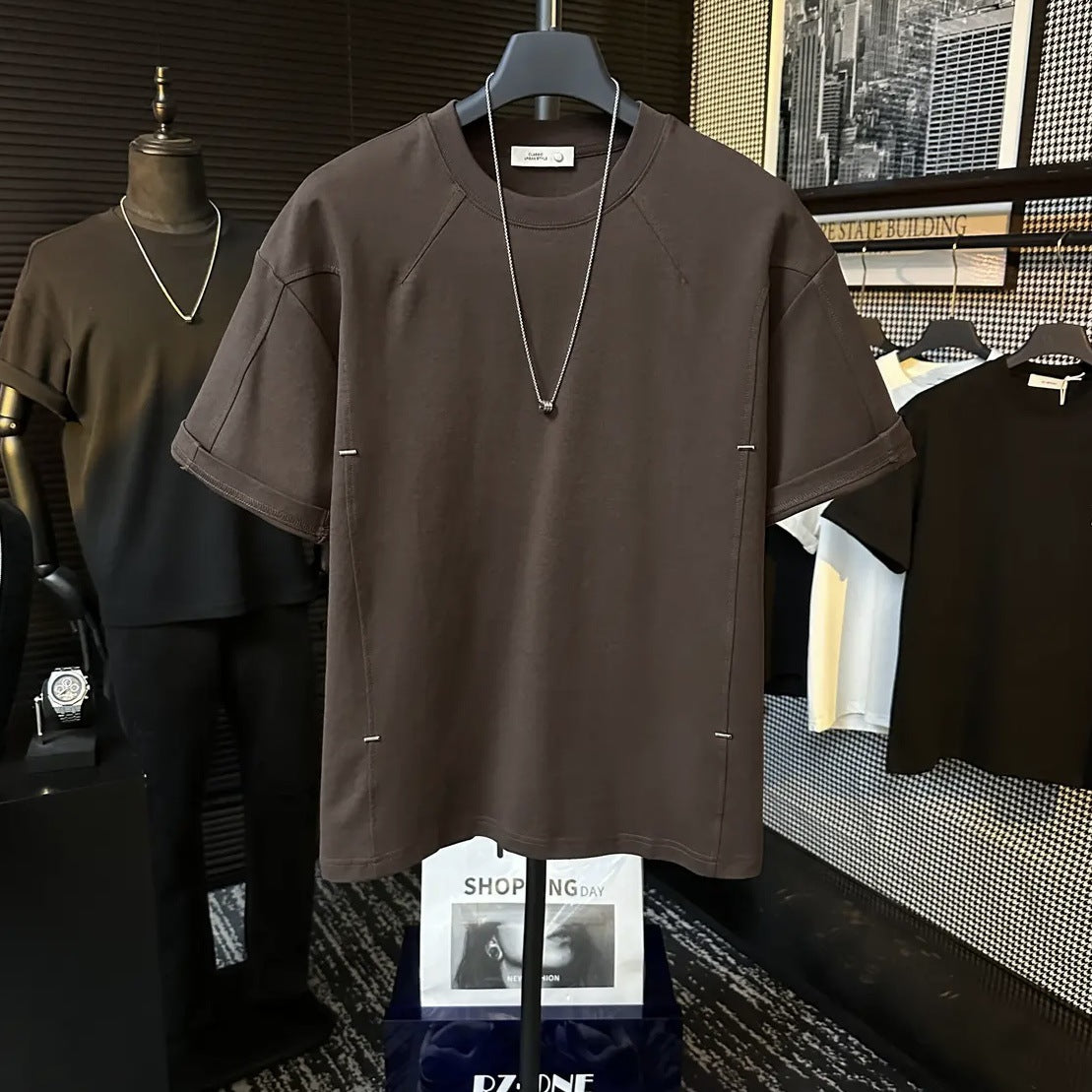 High-end Stitching Rivet Design Round Neck Short Sleeve