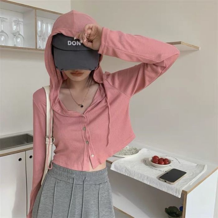 Gray Sun Protection Cardigan Female Summer Small Slim-fit Hood Jacket Long-sleeved