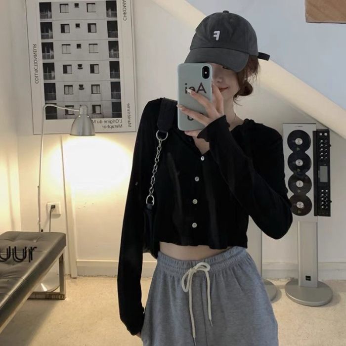 Gray Sun Protection Cardigan Female Summer Small Slim-fit Hood Jacket Long-sleeved