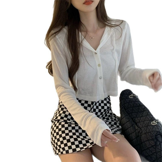 Gray Sun Protection Cardigan Female Summer Small Slim-fit Hood Jacket Long-sleeved