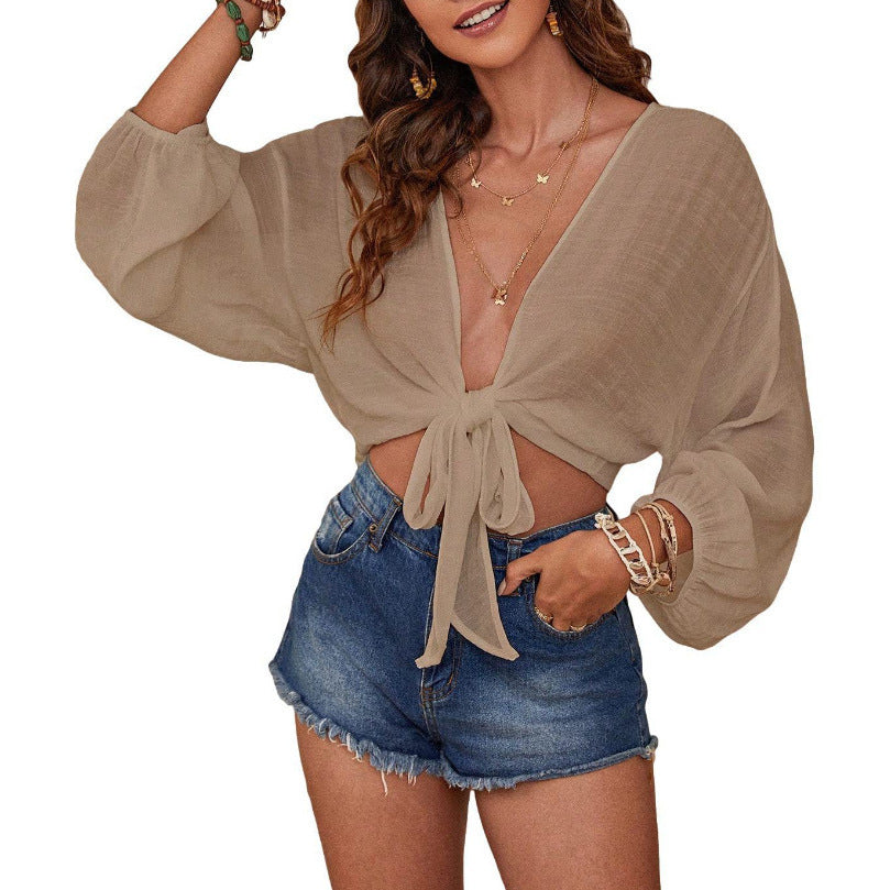 Pure Color Bikini Beach Shirt Women's Cotton And Linen