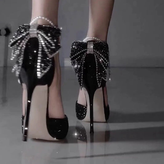 Scarpe Donna con Tacco Alto a Punta Appuntita, Fiocco e Paillettes