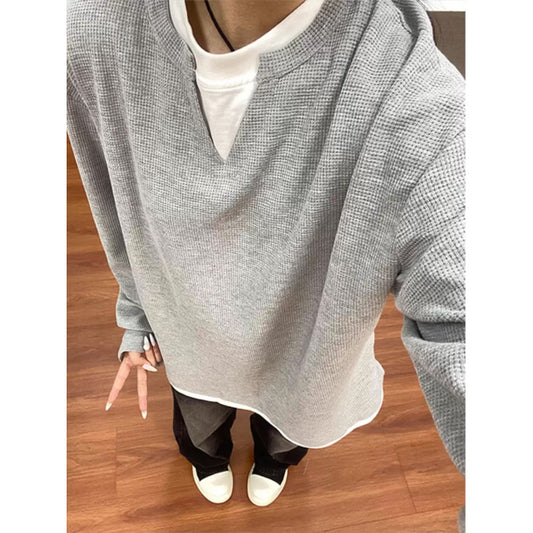 Men's Retro Capless Round Neck False Two-piece Sweaters