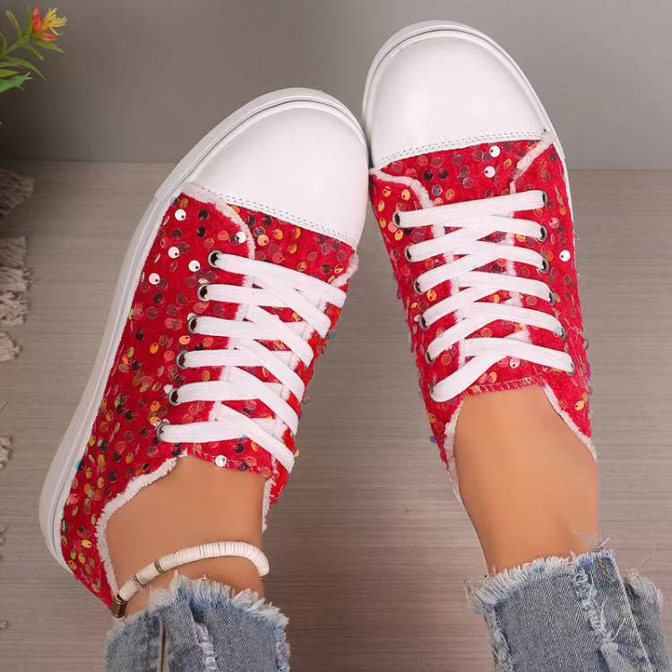 Fashion Round Toe Flat Bottom Lace-up Sequins Casual Pumps