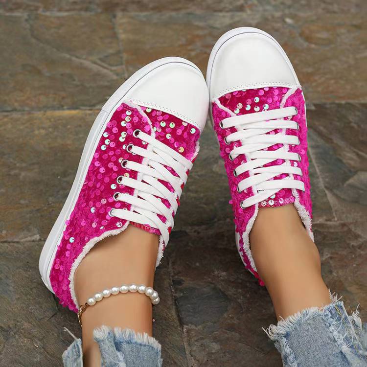 Fashion Round Toe Flat Bottom Lace-up Sequins Casual Pumps
