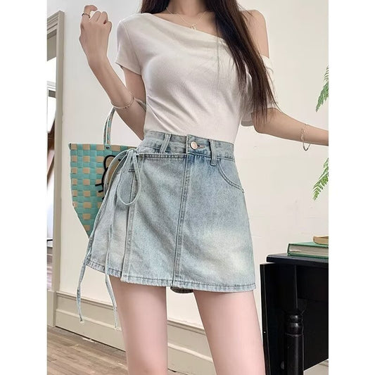 Fake Two Pieces Denim Shorts Summer A- Line High Waist Irregular