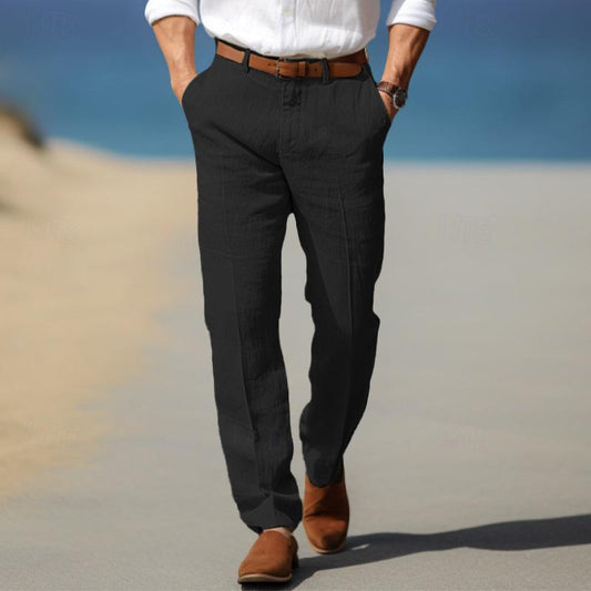 Men's Straight Thin Cotton And Linen Casual Solid Color Trousers