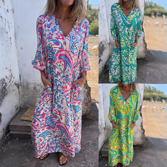 Loose Casual V-neck Printed Tape Pocket Dress