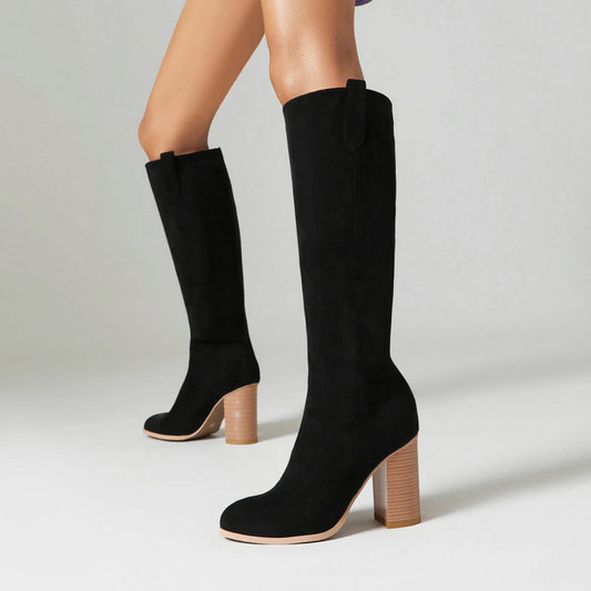 Stivali Donna Lunghi Tacco Grosso 8cm+ Punta Tonda in Camoscio con Platform – 3 Colori N.35-46