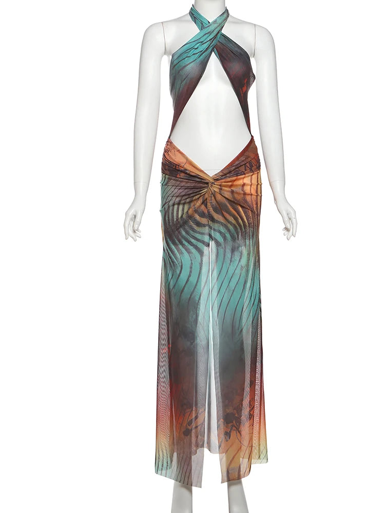 Weird Puss Gradient Colorful Vestito Donna Hollow Cross Halter Backless