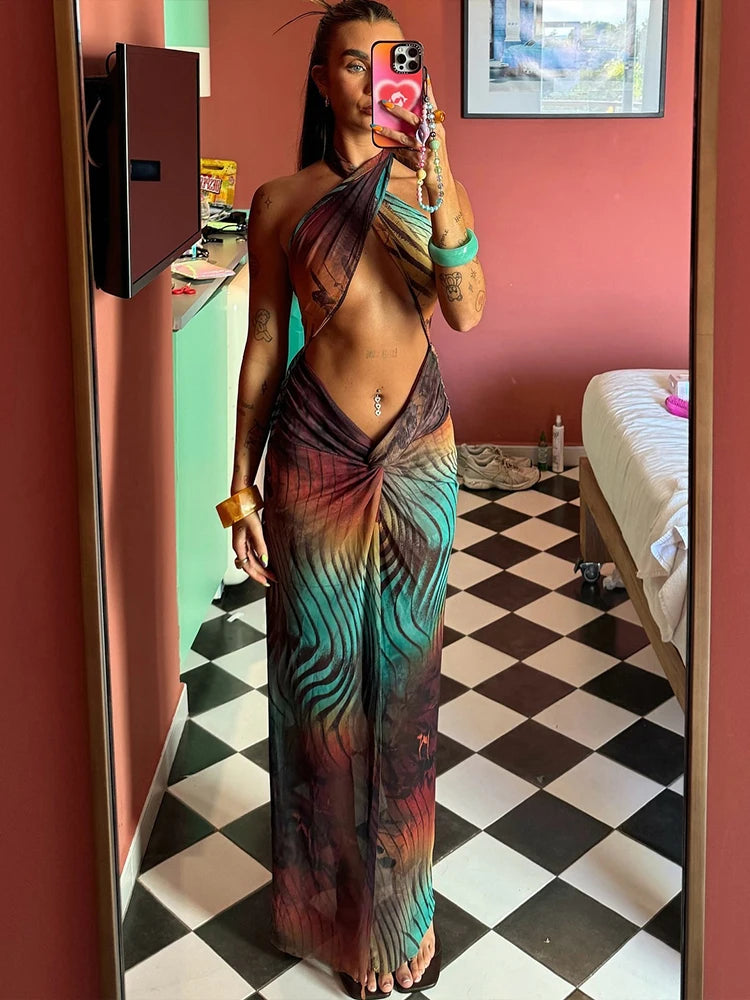 Weird Puss Gradient Colorful Vestito Donna Hollow Cross Halter Backless