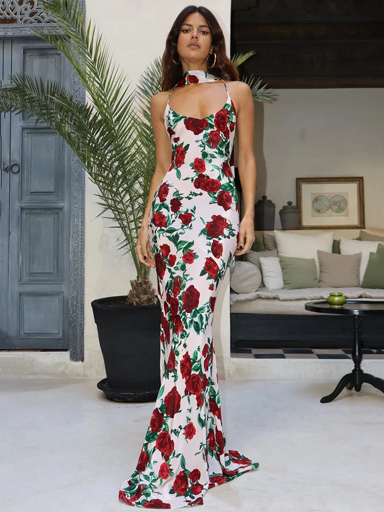 Halter Backless Print Abito sexy elegante