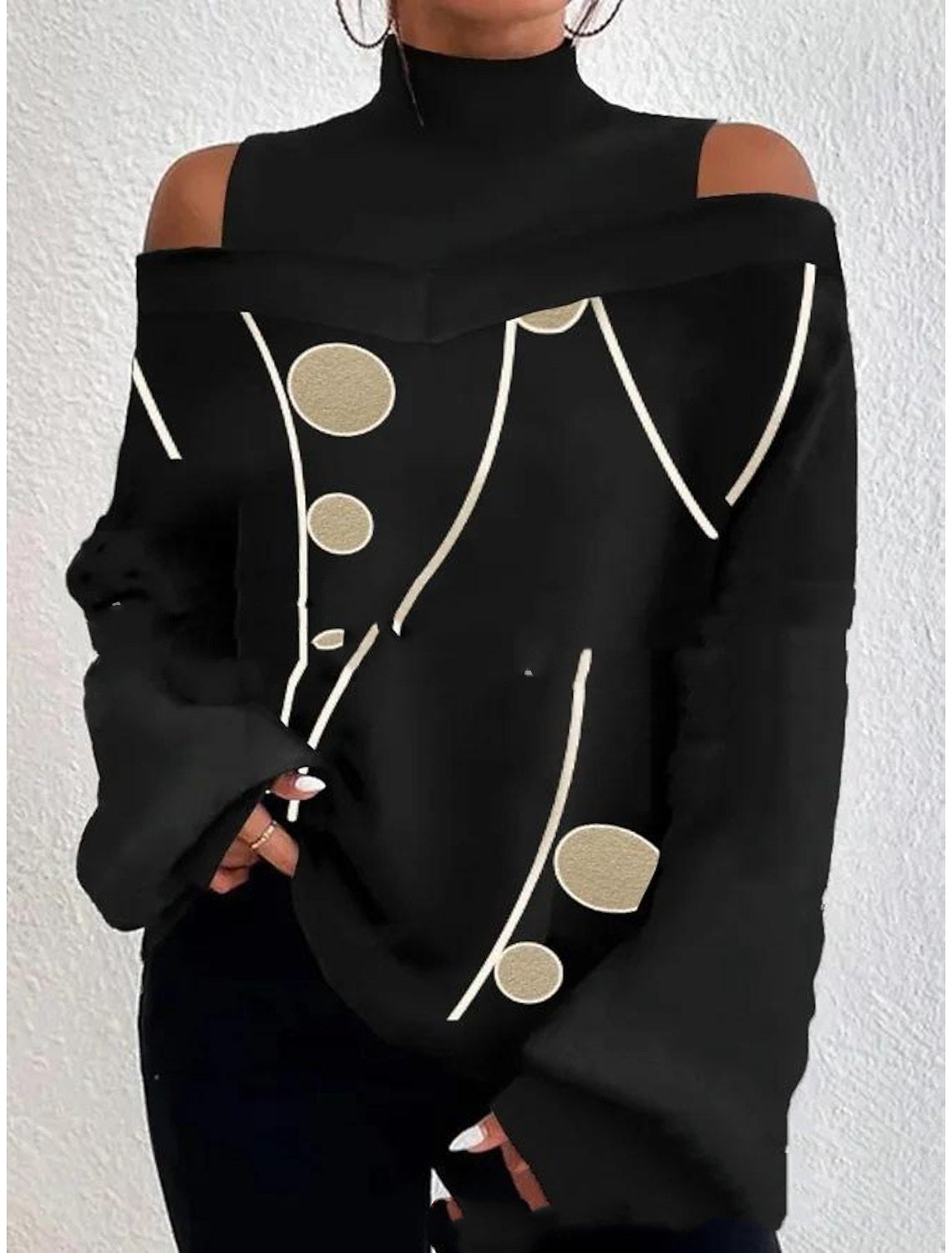 Turtleneck Off-the-shoulder Long Sleeve Printed Top
