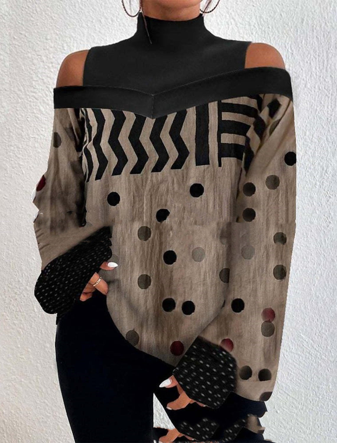 Turtleneck Off-the-shoulder Long Sleeve Printed Top