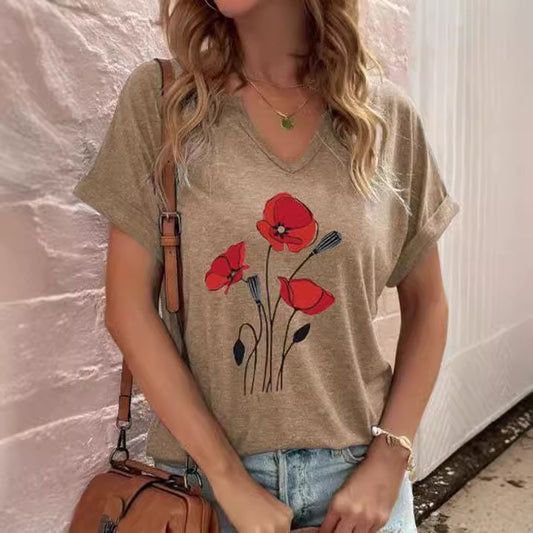 Short Sleeve Plus Size Women's Clothing Printed V-neck Pullover