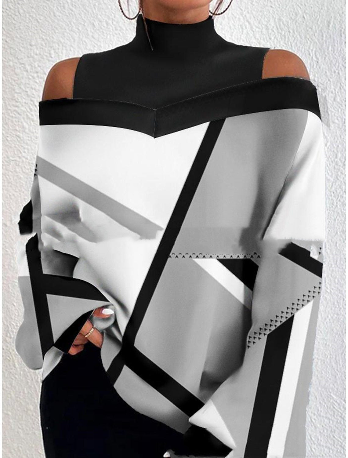 Turtleneck Off-the-shoulder Long Sleeve Printed Top