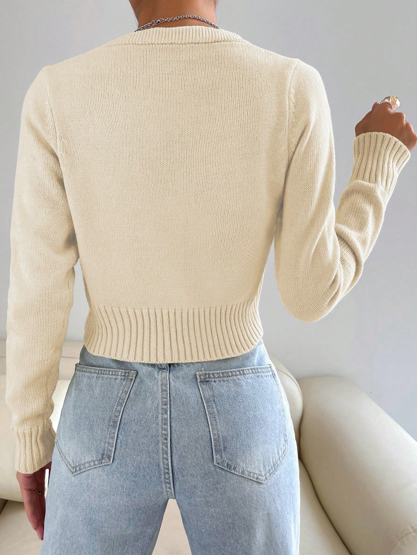 Flirla Solid Button Front Crop Cardigan Long Sleeve Tops