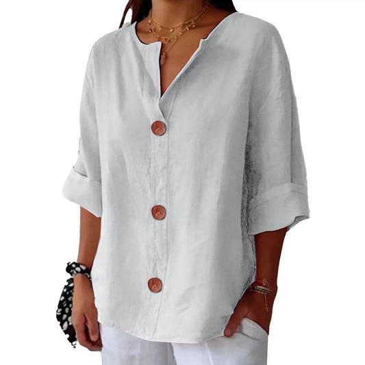 Loose Comfort And Casual V-neck Cotton And Linen Button Top