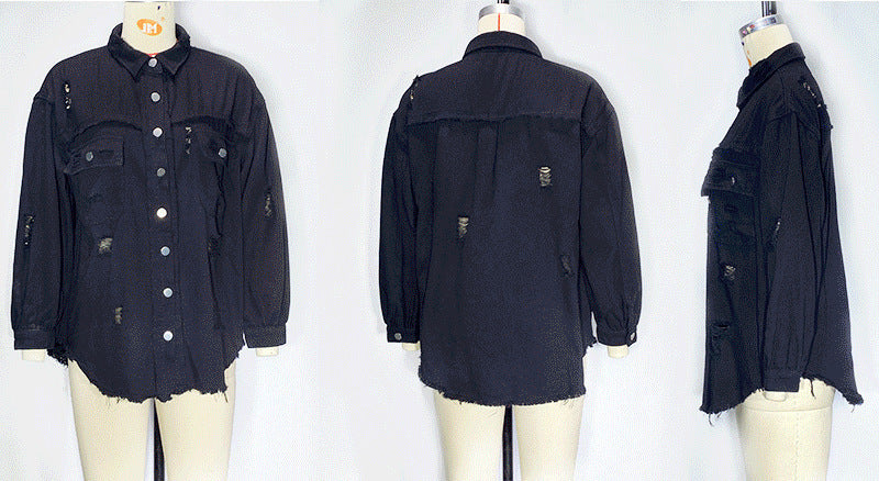 Distressed Denim Jacket Women's Long Sleeve Shirt Casual Lapel Coat With Raw Hem Details