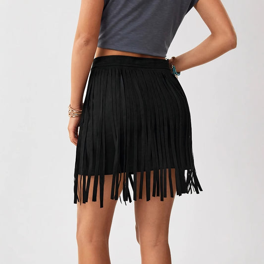Western Denim Style Women's Solid Color Tassel Front Zipper Casual Short Skirt
