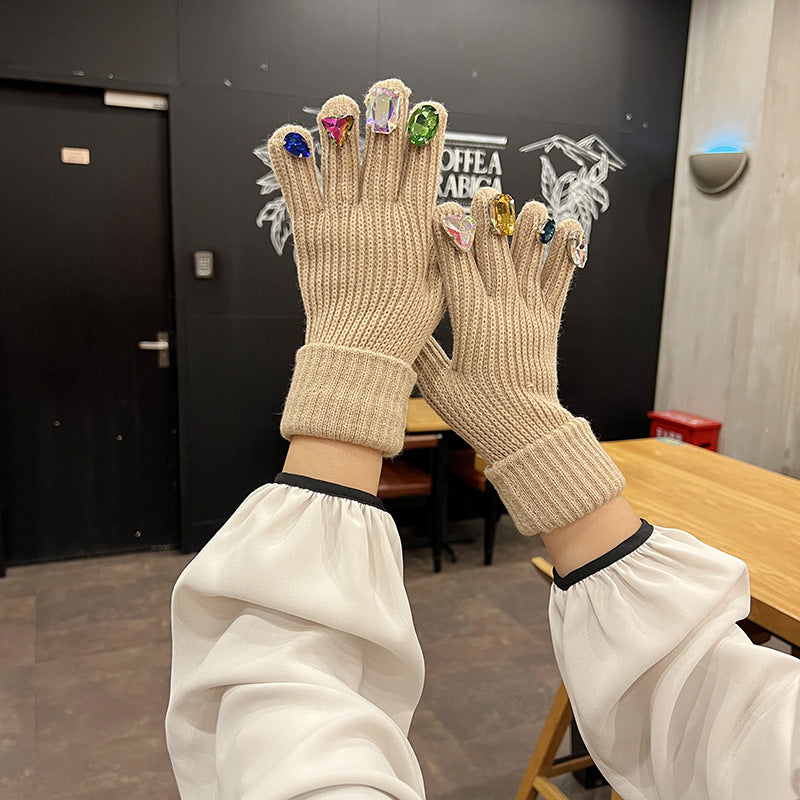 Rhinestone Touch Screen Open Finger Finger Knitted Gloves