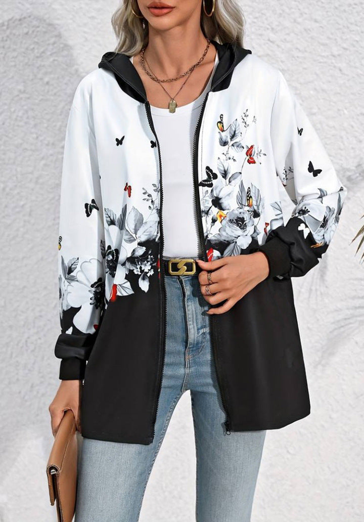 Printed Mid-length Zip Hooded Jacket