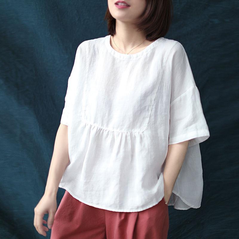 Short Sleeve Loose Round Neck Imitation Cotton And Linen Top
