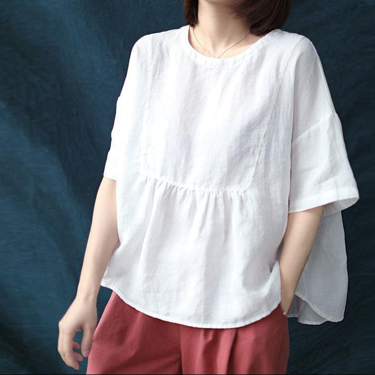 Short Sleeve Loose Round Neck Imitation Cotton And Linen Top