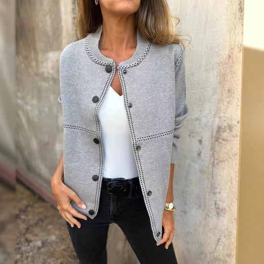 Striped Loose Round Neck Button Long Sleeve Versatile Sweater Coat