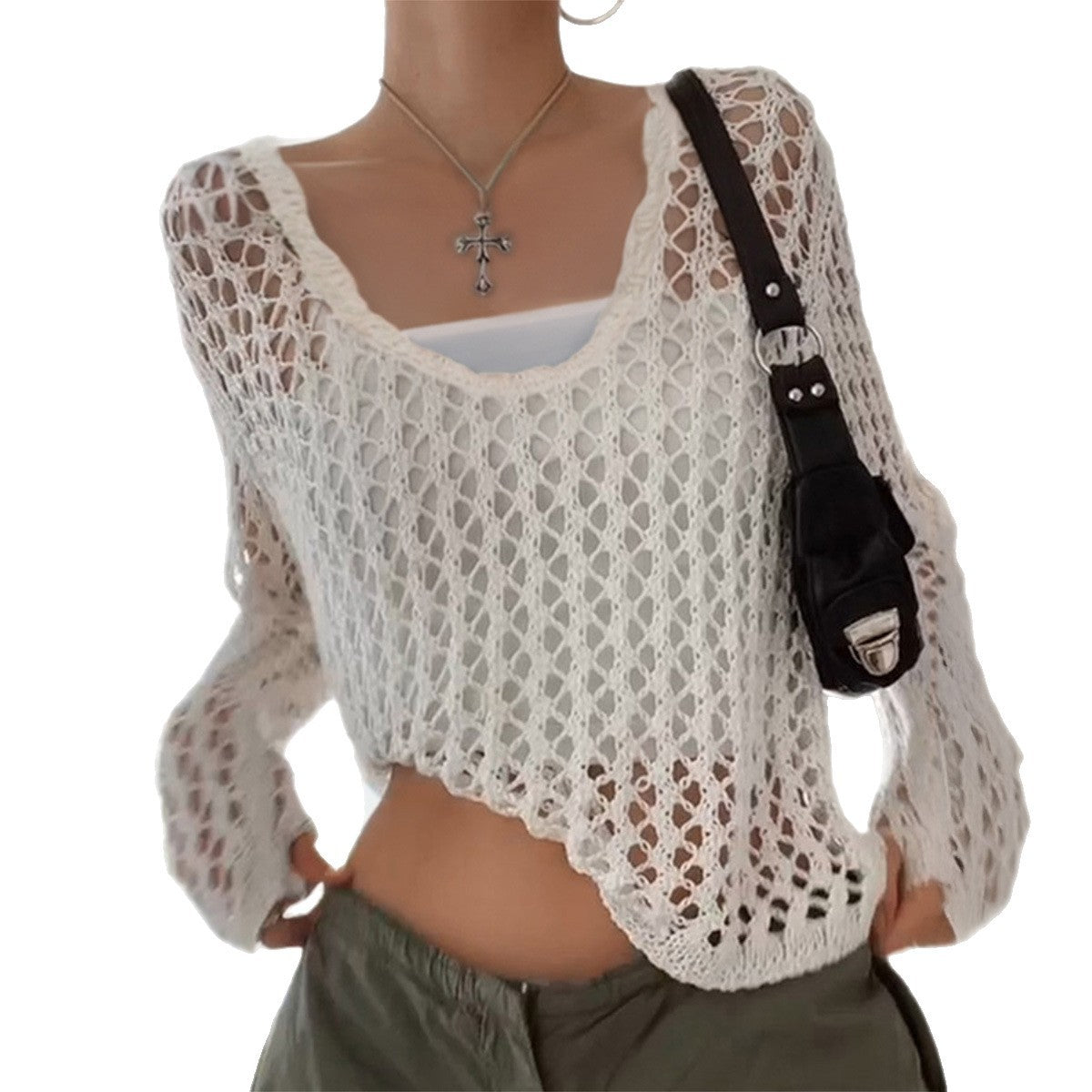Hot Girl Style Long Sleeve Hollow T-shirt Woolen Women's Clothing