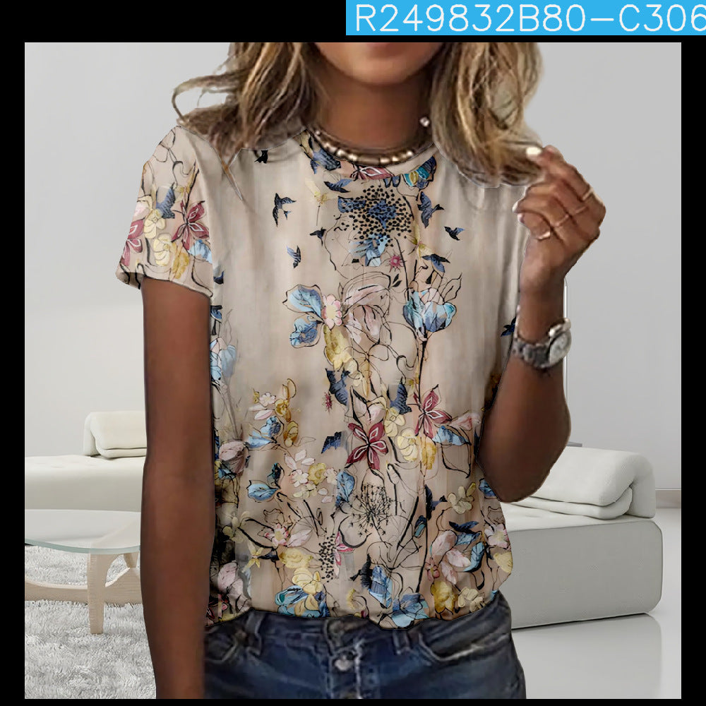 Digital Printing Loose Casual Women's Round Neck T-shirt