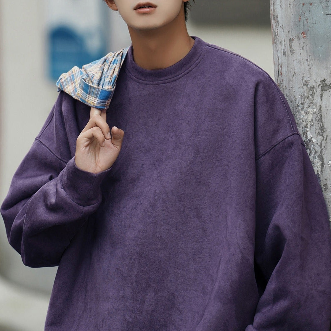 Maglione Uomo Girocollo in Suede Pesante Tinta Unita Loose Autunno