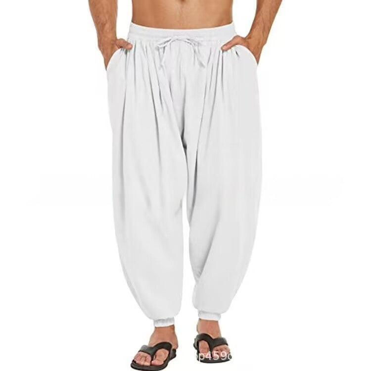 Solid Color Cotton And Linen Pocket Stretch Men's Casual Trousers