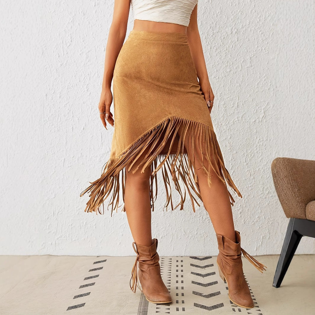 Women's Tassel Edge Asymmetrical Hem Solid Color Skirt