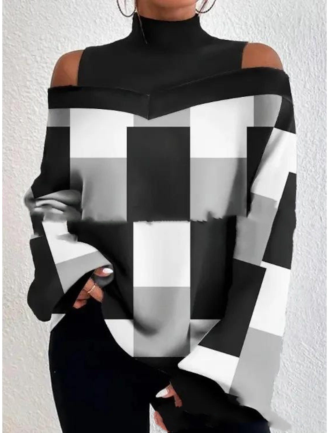 Turtleneck Off-the-shoulder Long Sleeve Printed Top