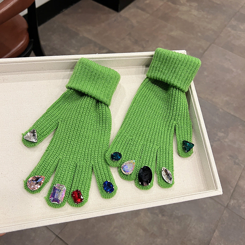 Rhinestone Touch Screen Open Finger Finger Knitted Gloves