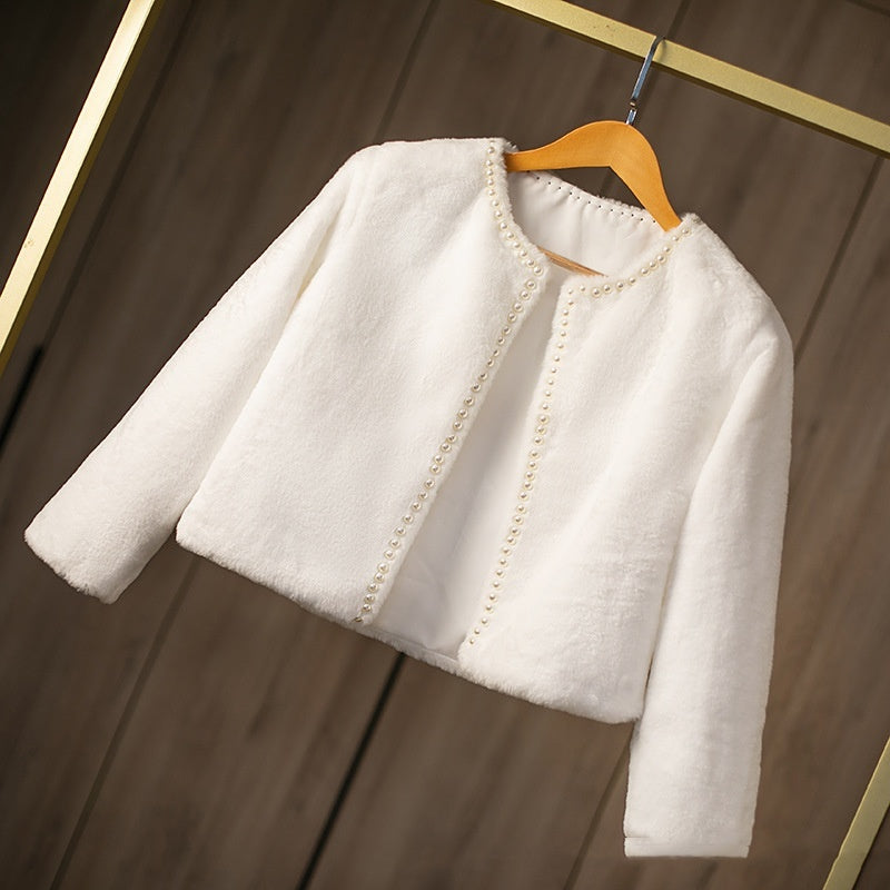 Women's Pure Color All-matching Warm Nail Pearl Fur Shawl Coat