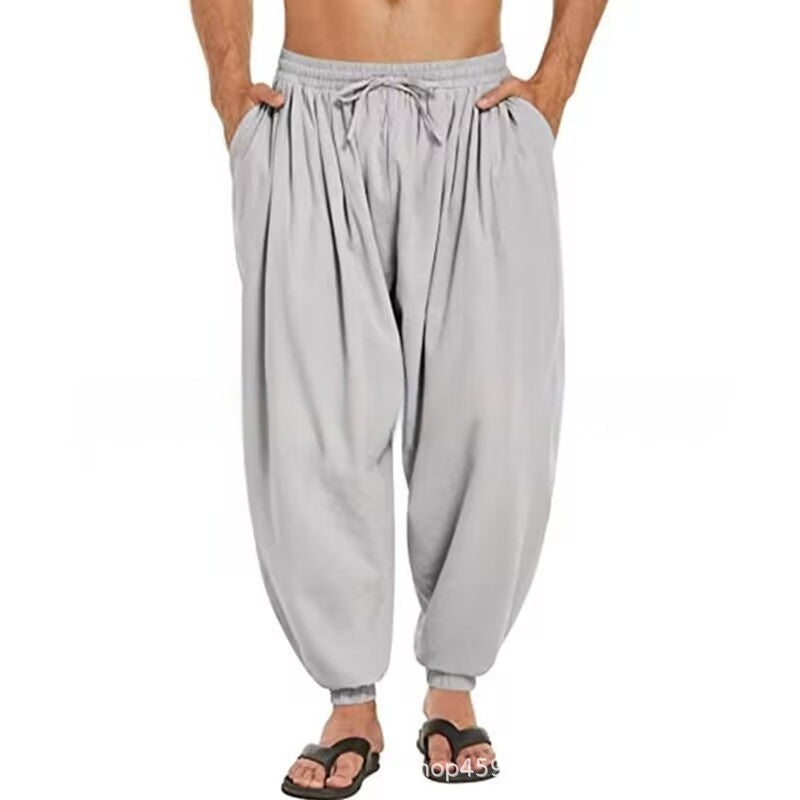 Solid Color Cotton And Linen Pocket Stretch Men's Casual Trousers