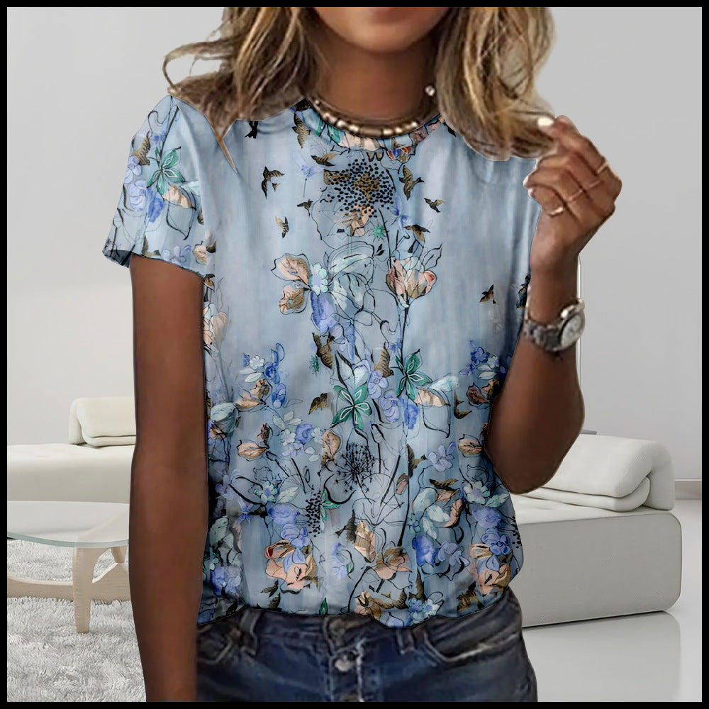 Digital Printing Loose Casual Women's Round Neck T-shirt