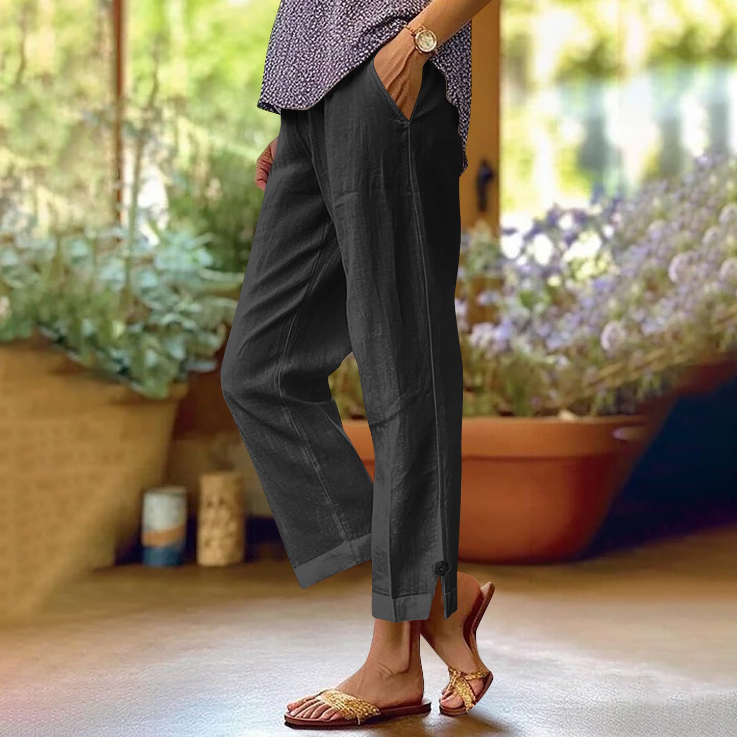 Cotton And Linen Loose Pure Color Elastic Waist Pocket Straight Casual Pants